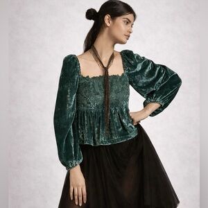 Anthropologie Luxe Velvet Cutwork Blouse Long Sleeve Turquoise M NWT